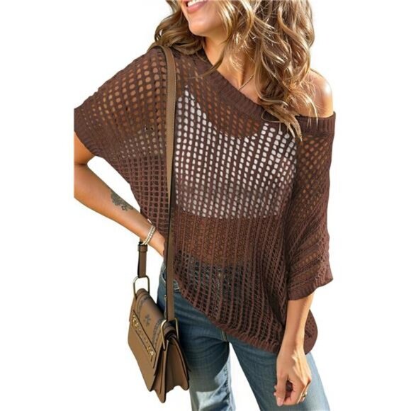 Womens Summer Short Sleeve Crochet Tops Coffee - Picture 2 of 5